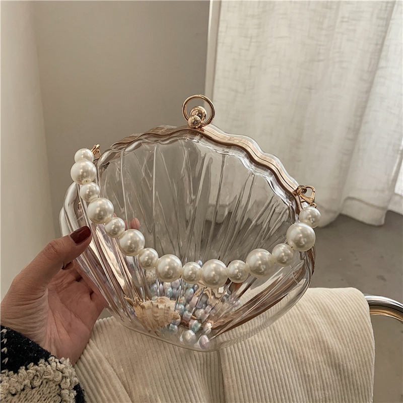 Women'S Accessories Purse - 2026 女性用アクリルシェルクラッチバッグ 透明キャンディーカラー パールビーズチェーンハンドバッグ クリップフレーム イブニングパーティー