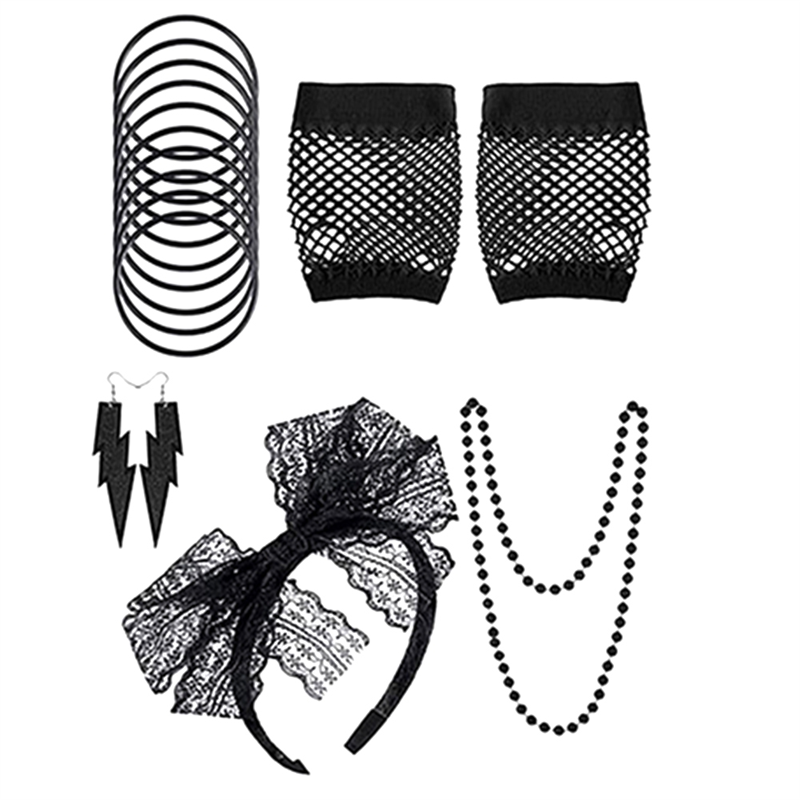 Women'S Accessories In The 80S - クラシック80年代風ファンシードレスコスチュームアクセサリー 女性用 レトロパーティーセット レースヘッドバンド、イヤリング、グローブ、ネックレス、ブレスレット付き