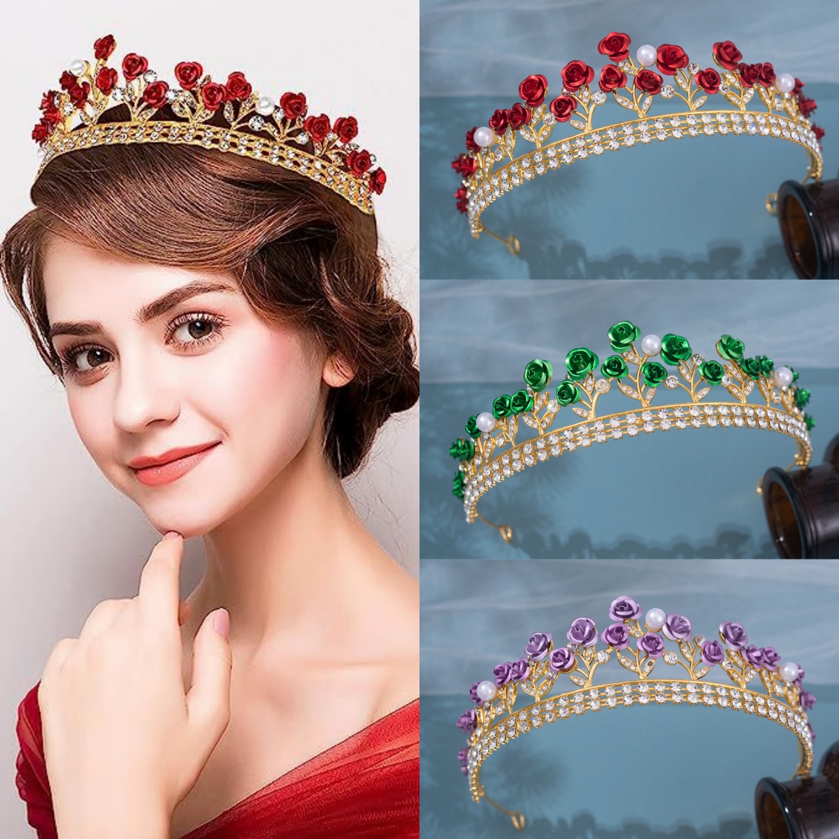 Women Accessories For Wedding - バロックセラミックブライダルクラウンラインストーンプロムディアデムヘアピースクリスタルパールローズクラウンティアラウェディングヘアアクセサリージュエリー