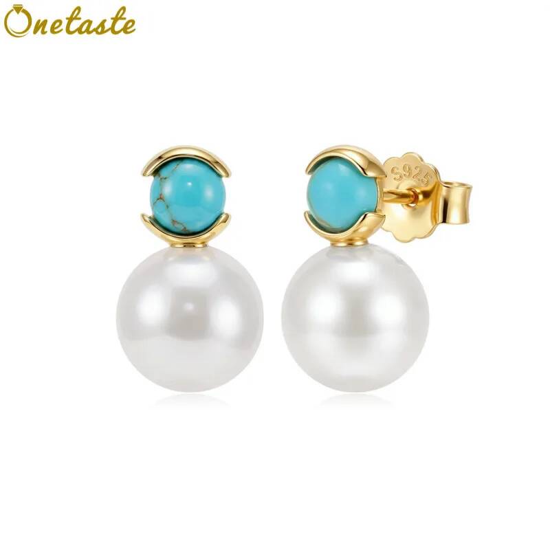 Statement Earrings Oversized - ビッグパールボールチャームラウンドターコイズ 925 スターリングシルバースタッドピアス女性のためのシンプルな幾何学的なミニマリズム可憐なイヤリングギフト