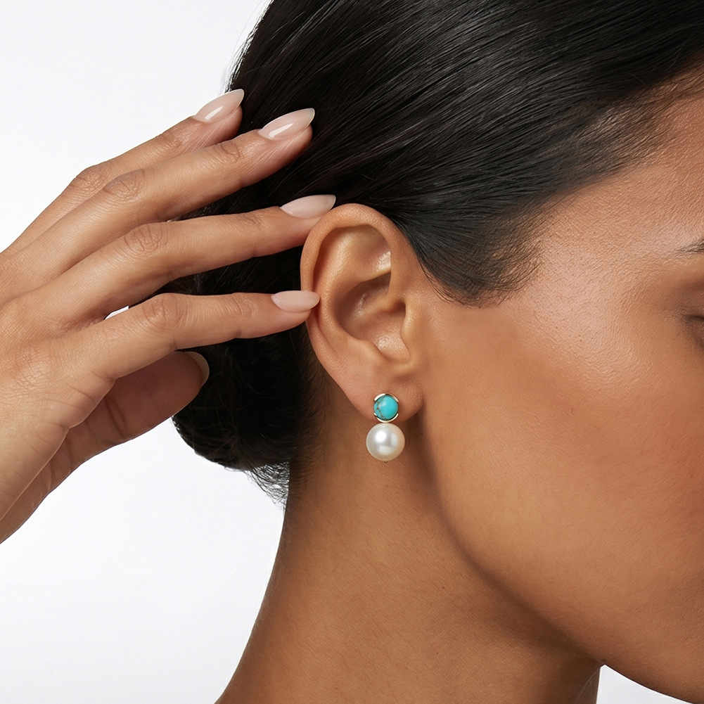 ビッグパールボールチャームラウンドターコイズ 925 スター - Statement Earrings Oversized のレビューと価格